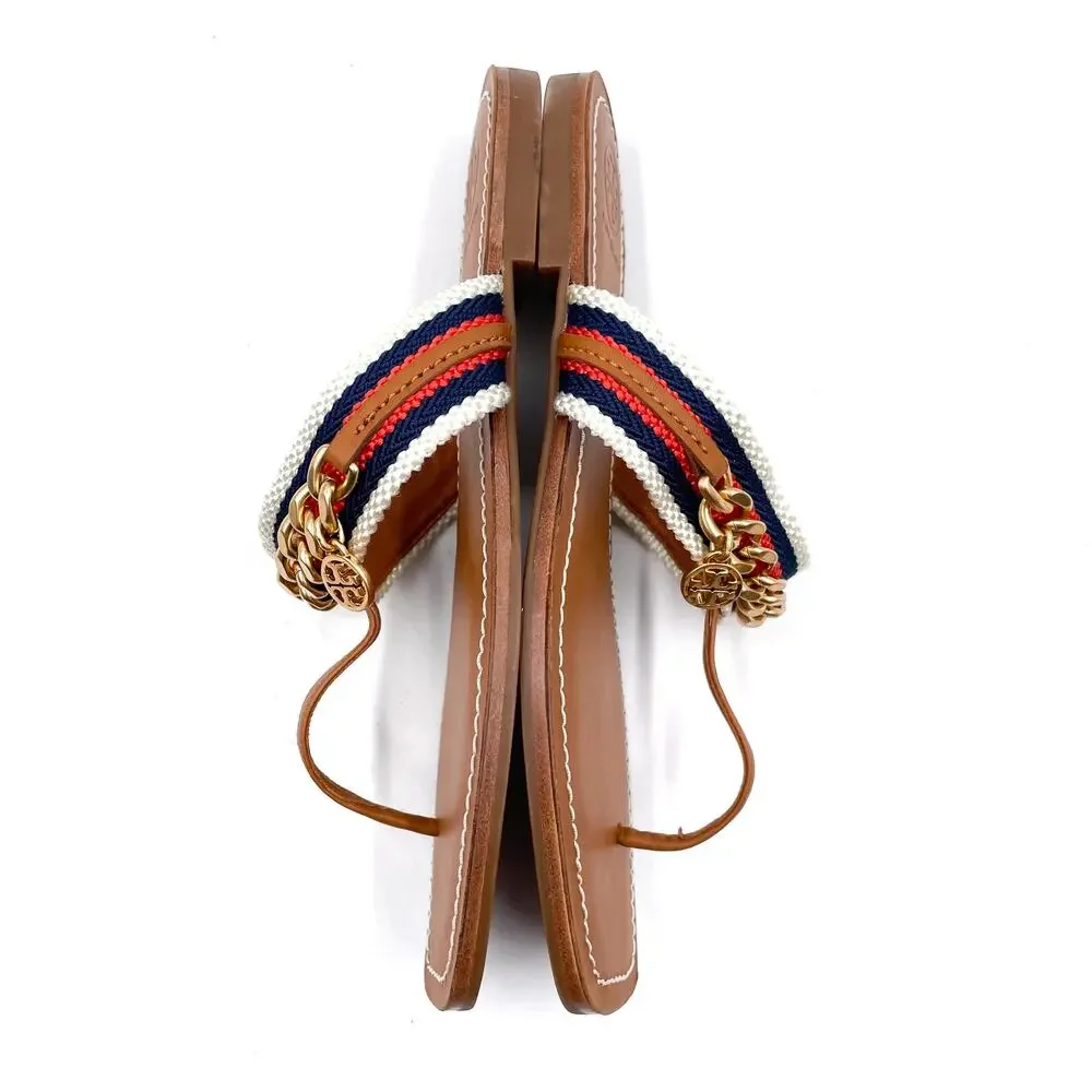 Tory Burch Mini Benton Chain Stripe Sandals Flat Brown Thong Leather Sz 6.5‎